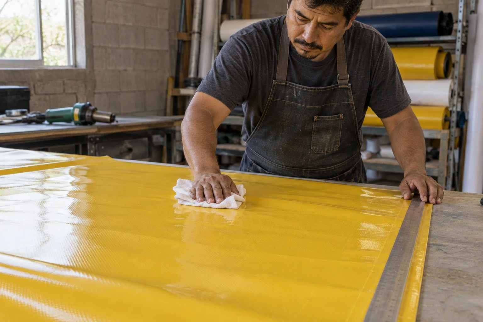 Preparación de una lona amarilla sobre la mesa de trabajo