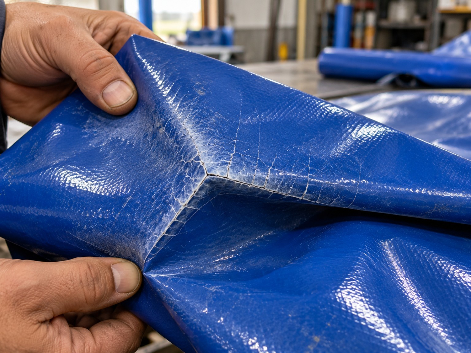 Detalle de grietas en una lona azul